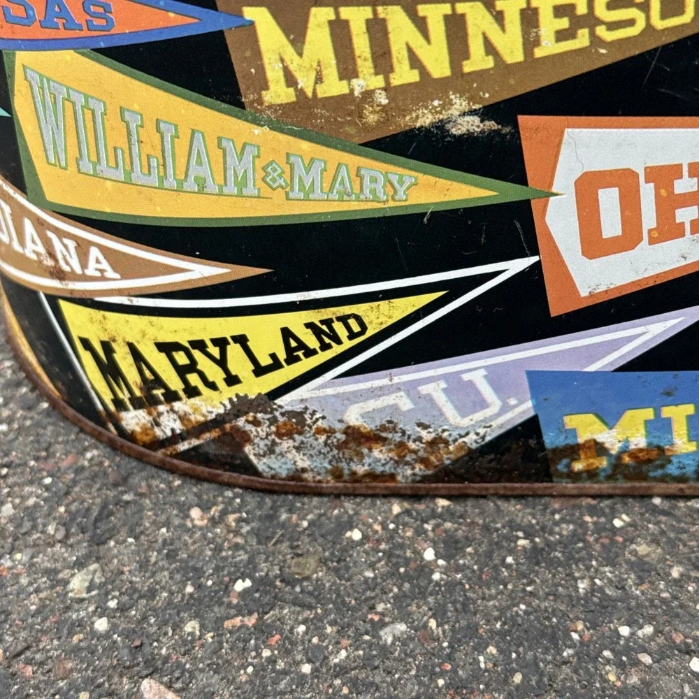 Vtg Decoware College Pennant Flags Metal Tin Trash Can Waste Paper Basket USA